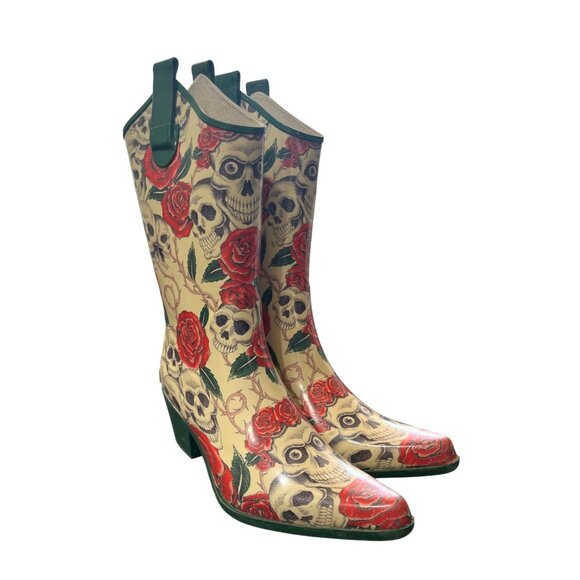 Corkys Shoes - Corkys Womens Skull & Rose Print Cowboy Rain Boots Rubber Size EU 38 / US 8